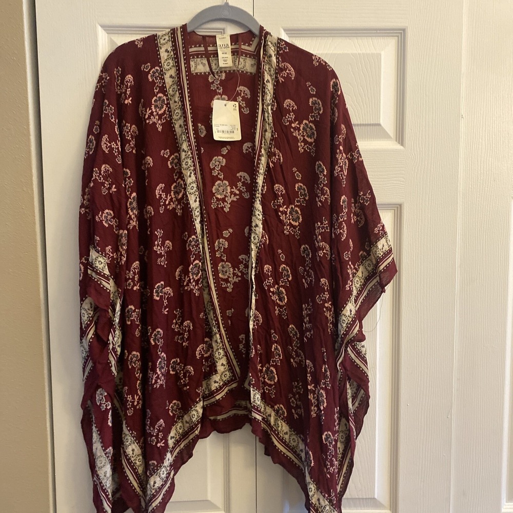 a.n.a Floral Kimono Wrap Womens Size OS Windsor Wine Boho Rayon Shrug‎ NEW